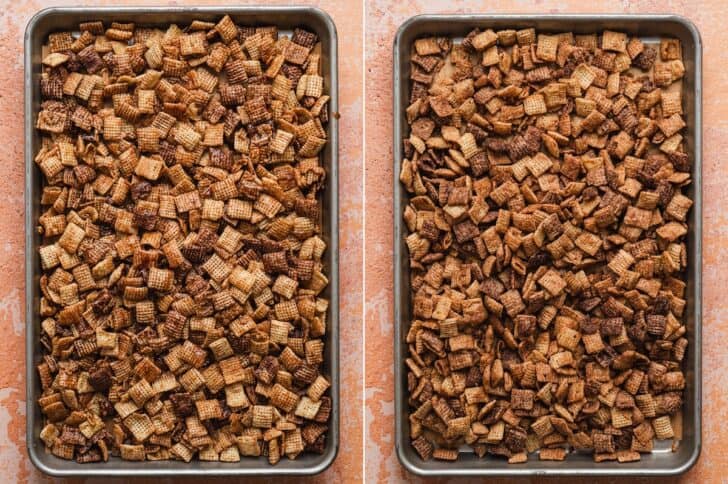 Two baking sheets of halloween snack mix recipe cereal baked and cooling side by side