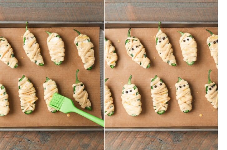 Two-panel overhead shot of dough-wrapped jalapeño halves being brushed with egg wash, then shown with peppercorn eyes pressed into the dough to look like mummy faces.