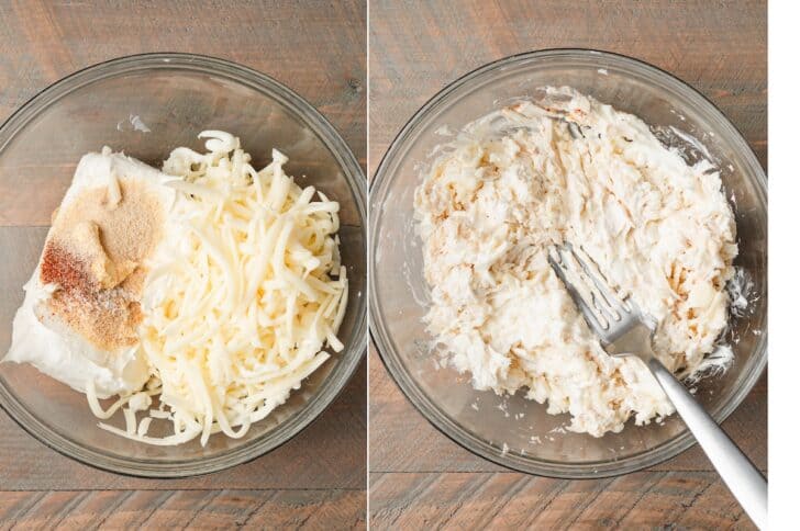 Two-panel overhead shot of cream cheese, shredded Monterey Jack, and seasonings in a glass bowl, then mashed together with a fork into a smooth filling.