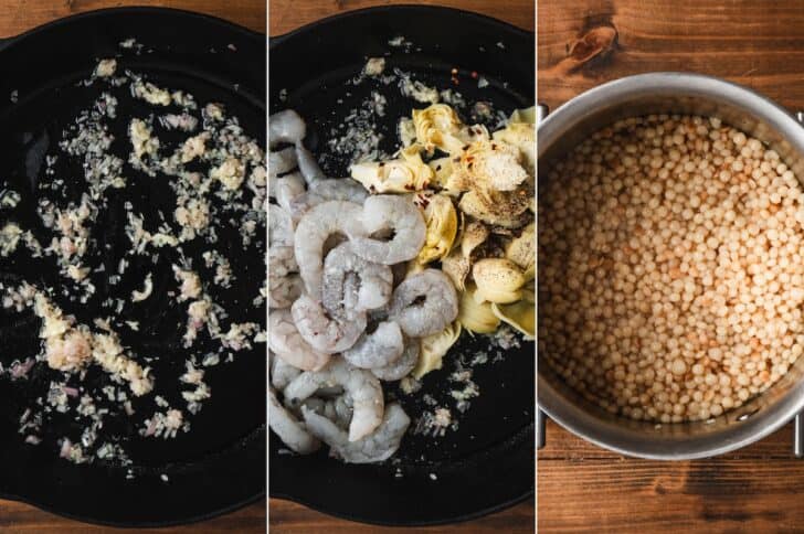 Three-panel shot showing minced garlic and shallot sautéing in a skillet, then shrimp and artichoke quarters added with red pepper flakes, and pearl couscous cooking in a separate pot until tender.