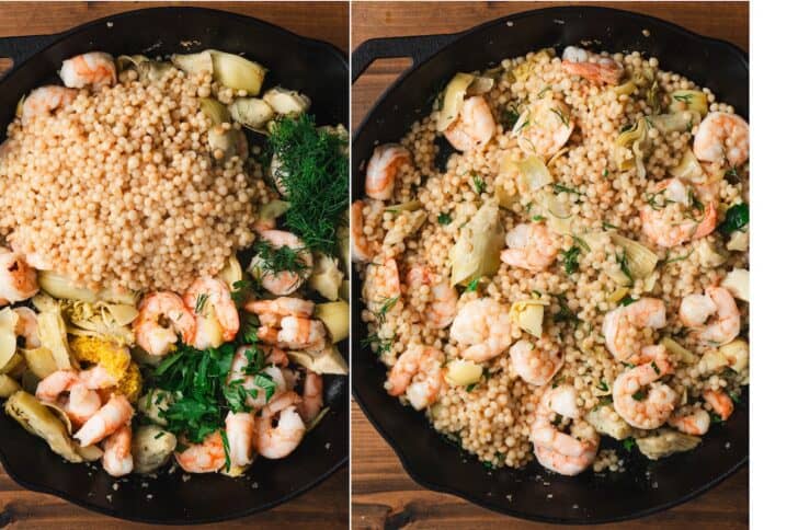 Two-panel overhead shot of cooked pearl couscous added to a skillet of shrimp and artichokes, then tossed together with lemon zest, dill, and parsley.