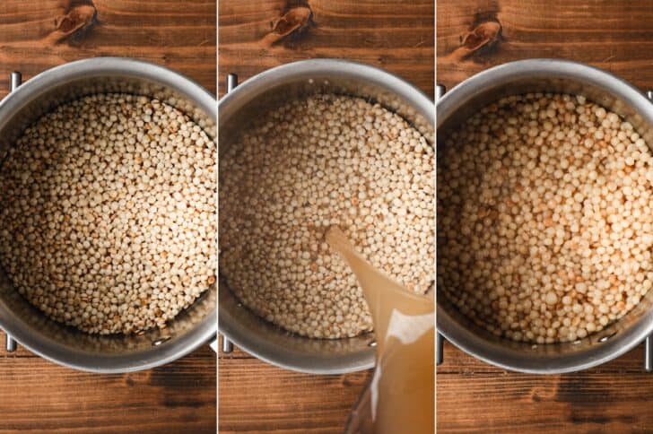 Three-panel overhead shot of pearl couscous toasting in a pot, then chicken stock poured in, and the couscous cooked until tender and the stock is absorbed.