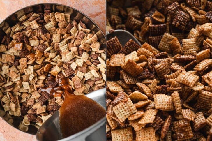 Process shots of caramel-maple butter sauce being poured over cereal, then a close-up of the coated sweet chex mix