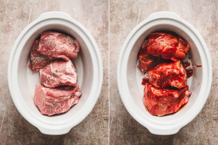 Seasoned pork shoulder chunks in a slow cooker before and after being coated with Asian BBQ sauce