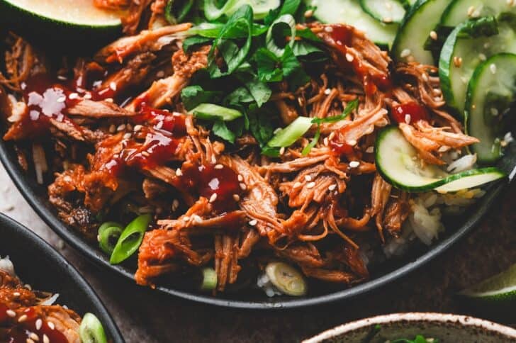 Saucy Asian pulled pork over rice with cucumber, green onions, cilantro and sesame seeds