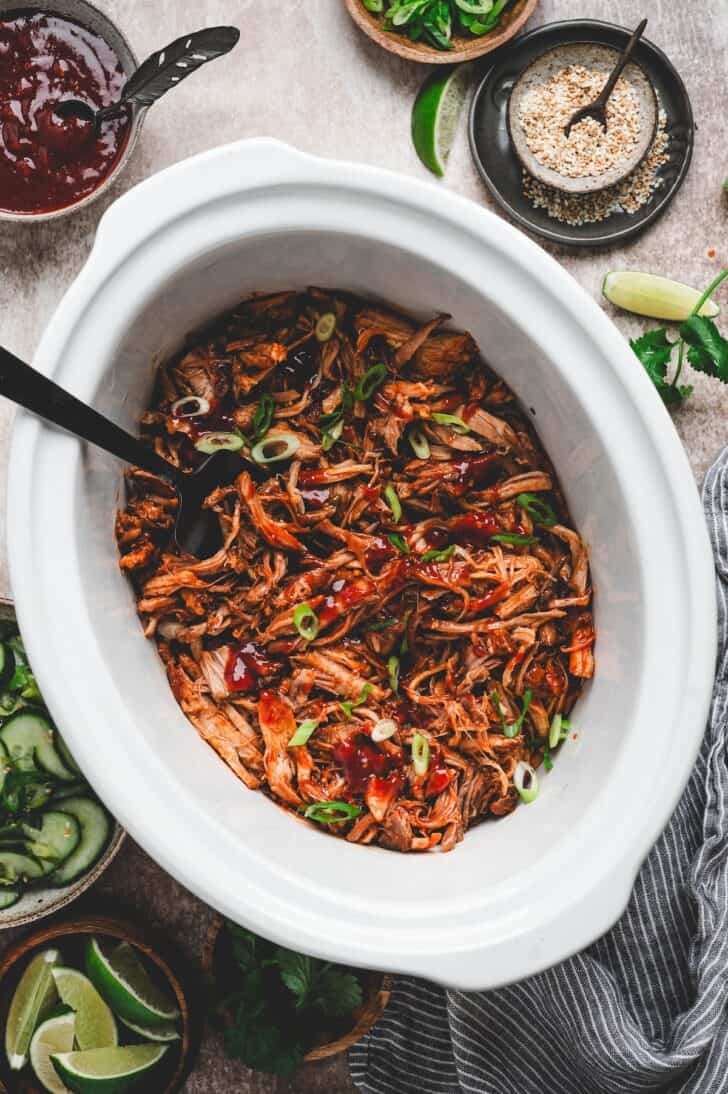 Shredded pork topped with Asian BBQ sauce, then tossed until evenly coated