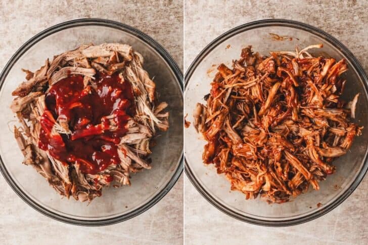 Shredded pork topped with Asian BBQ sauce, then tossed until evenly coated
