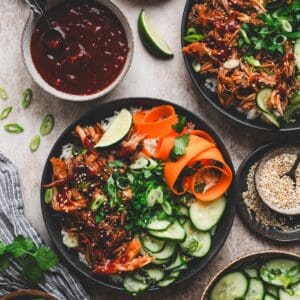 Asian style pulled pork rice bowl surrounded by cucumber salad, lime, cilantro, sesame seeds and extra sauce
