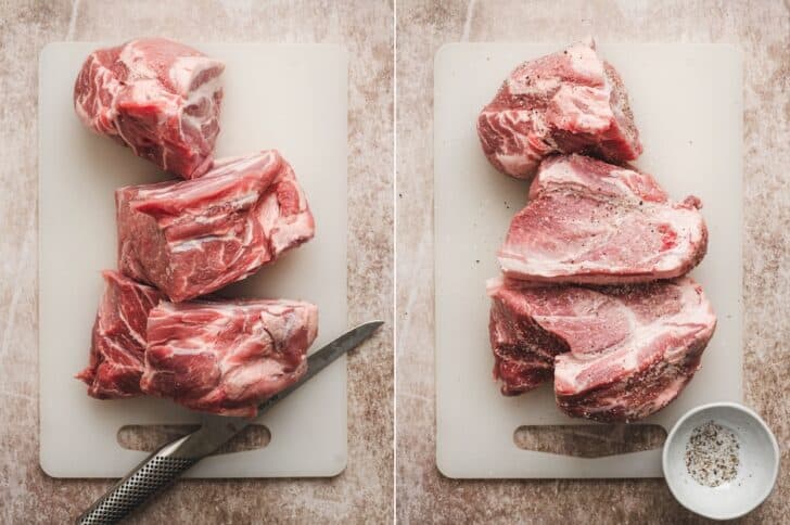 Pork shoulder cut into large chunks and seasoned with kosher salt and black pepper