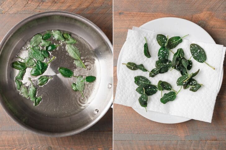 Two-panel process shot of fresh sage leaves frying in a skillet until crisp, then draining on a paper towel-lined plate
