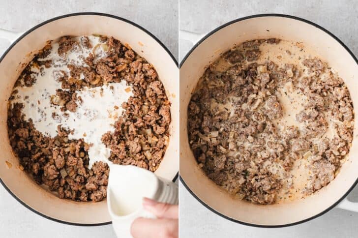 Process shots of heavy cream being poured over browned ground sausage and onion, then stirred together in a Dutch oven