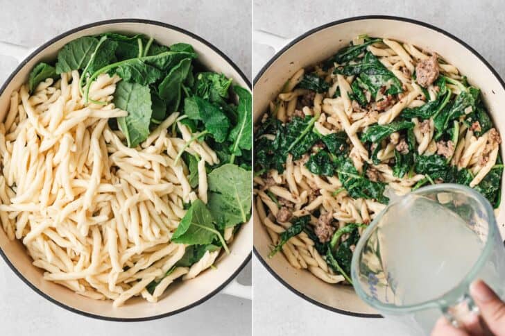 Process shots of baby kale added to pasta and sausage in a Dutch oven, then pasta cooking water poured in to loosen the sauce