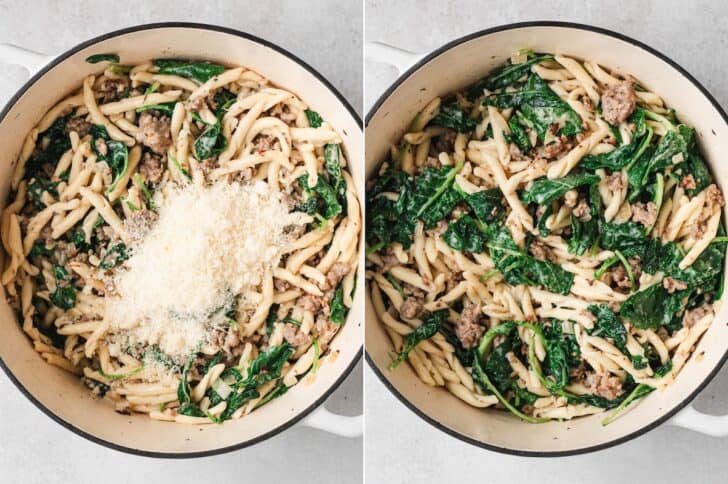 Process shots of Parmesan cheese being added to pasta and sausage in a Dutch oven, then stirred in until melted and glossy