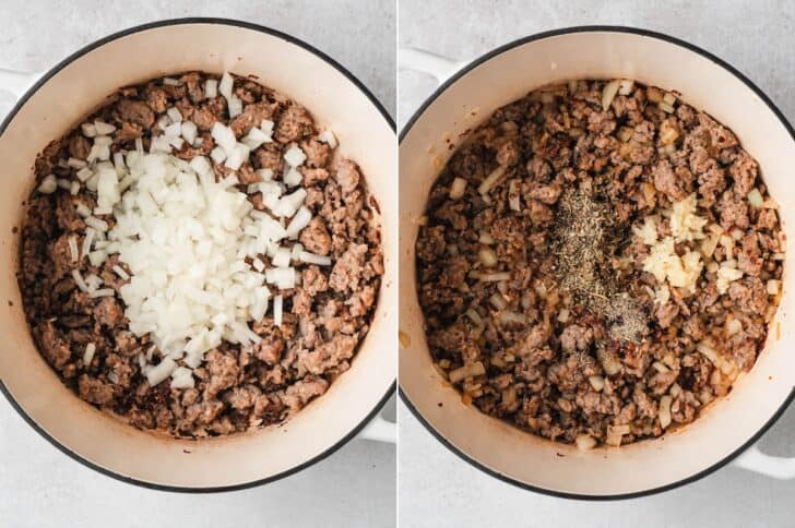 Process shots of chopped onion added to browned ground sausage, then garlic, Italian seasoning and black pepper stirred in