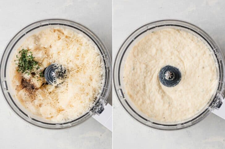 Two-panel process shot of parsnips, Parmesan, garlic, thyme, salt and pepper in a food processor, then blended until completely smooth