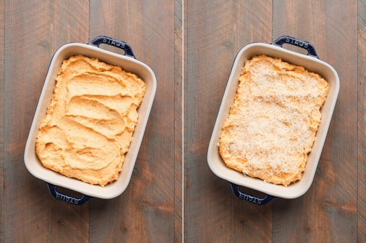 Two-panel process shot of pumpkin dip spread smooth in a baking dish, then topped with shredded Parmesan cheese before baking