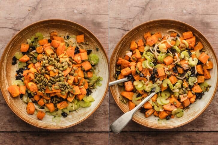 Two-panel process shot of roasted sweet potatoes and pepitas added to the dressed celery mixture, then tossed together in a bowl