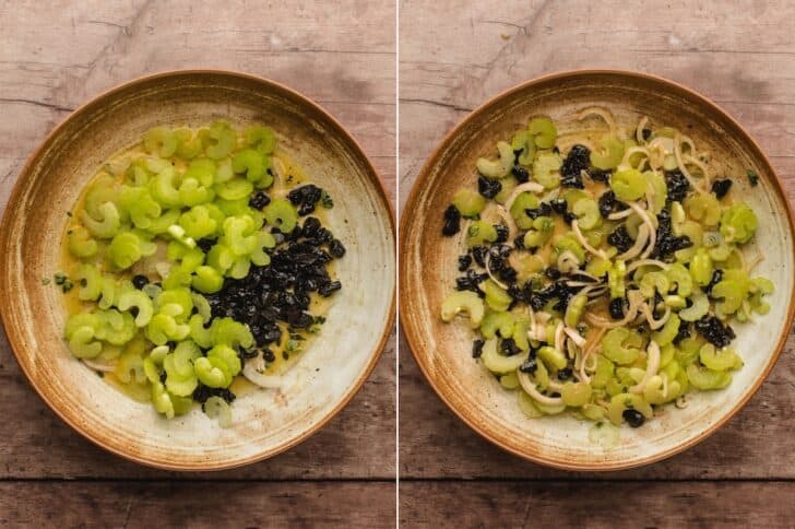 Two-panel process shot of sliced celery, shallot, and dried cherries added to the vinaigrette, then tossed together in a bowl