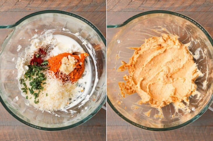 Two-panel process shot of cream cheese, pumpkin puree, Parmesan, sage, and spices in a glass bowl, then beaten together until smooth and combined