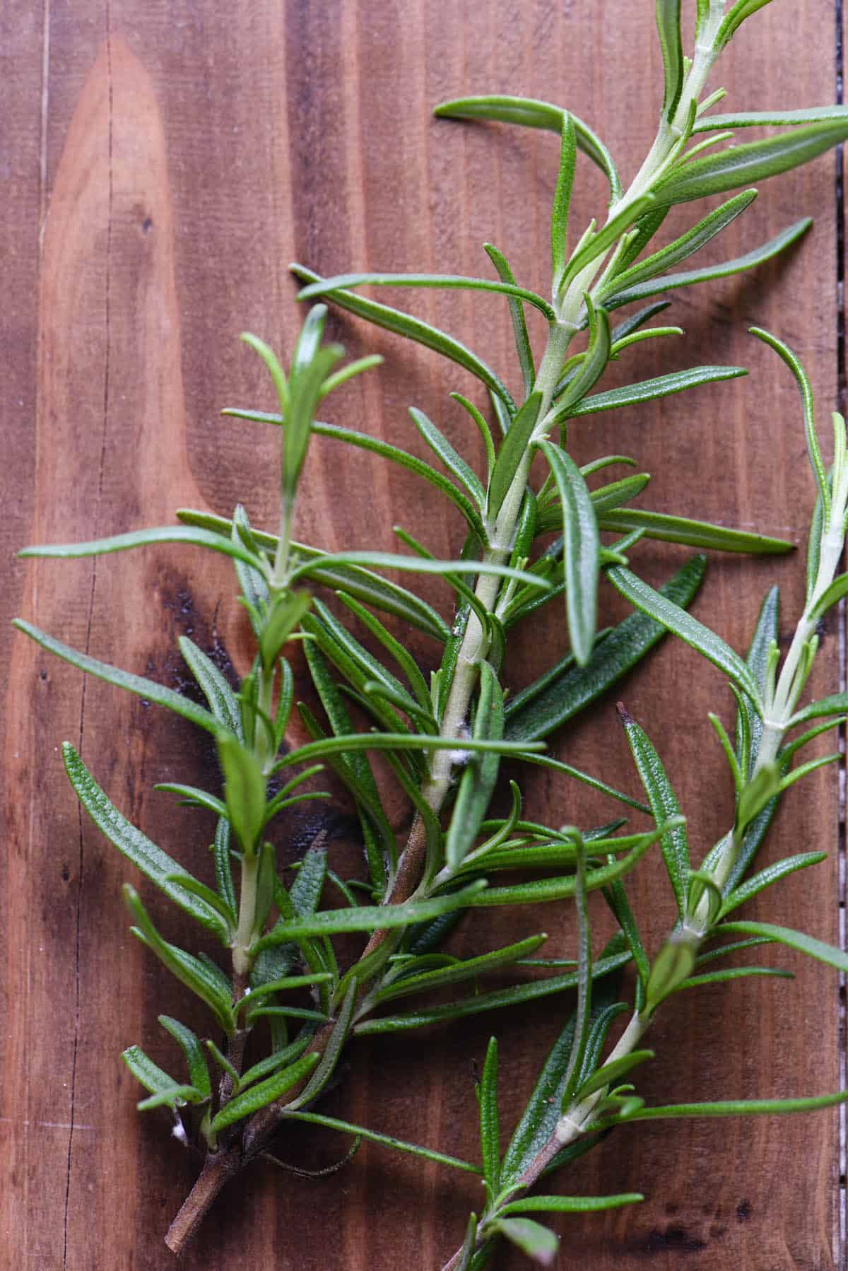 Overhead photo of fresh rosemary sprigs on wooden table.